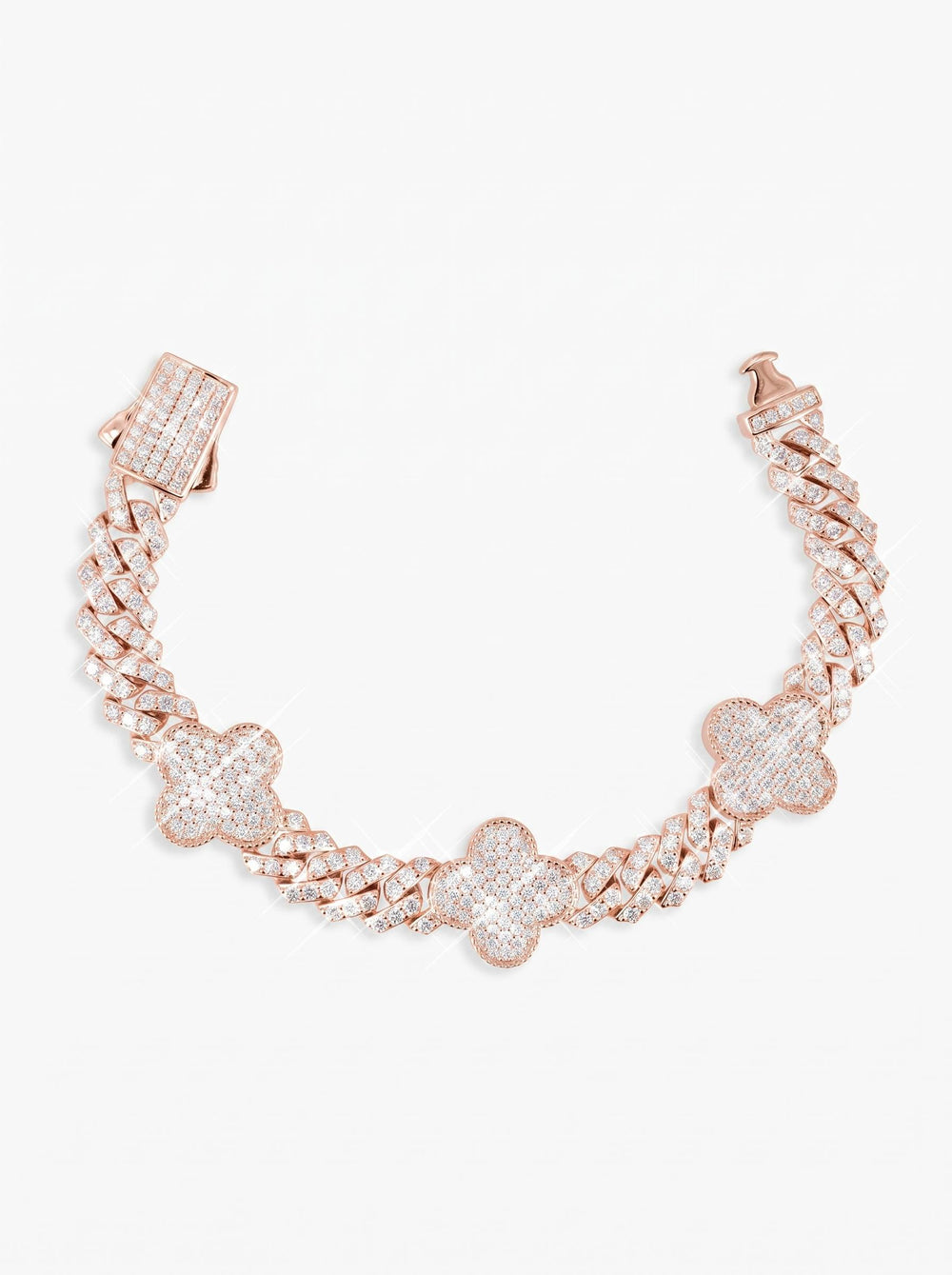 8MM Four Leaf Moissanite Cuban Link Bracelet 14K Gold - Rose Gold