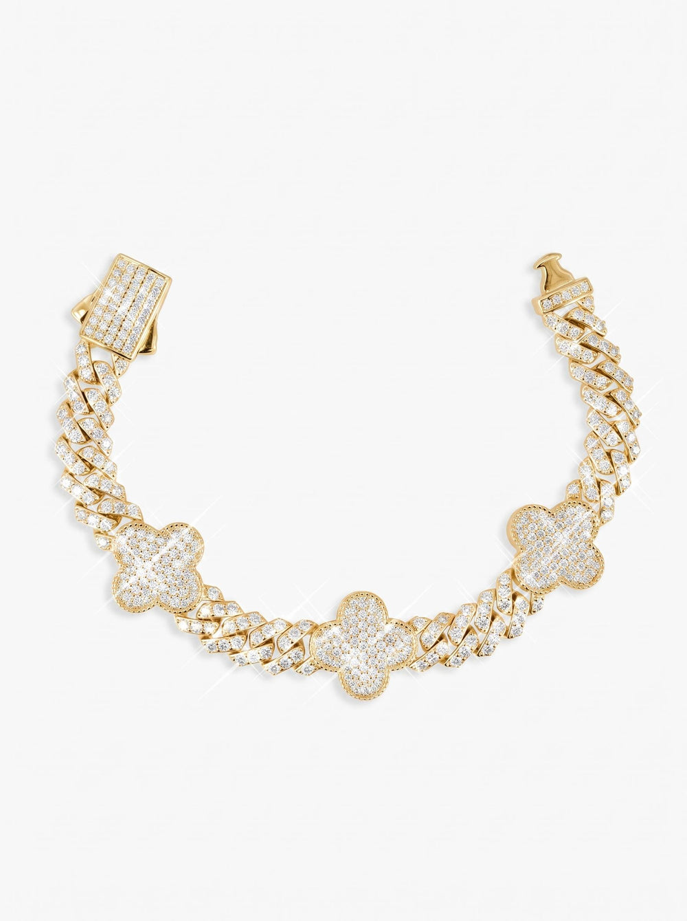 8MM Four Leaf Moissanite Cuban Link Bracelet 14K Gold - Yellow Gold