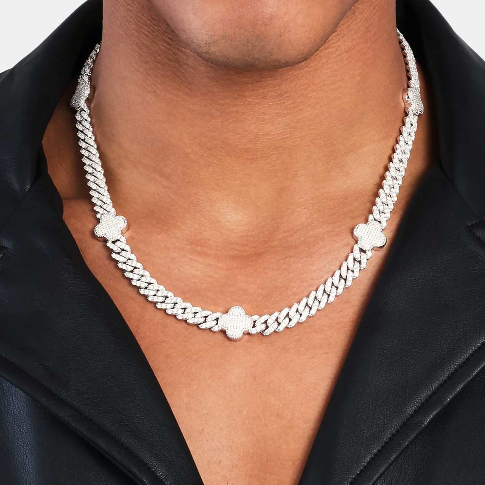 8mm four leaf moissanite cuban link chain white gold model