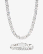 10MM Moissanite Cuban Link Chain/Bracelet Bundle 14K Gold - White Gold