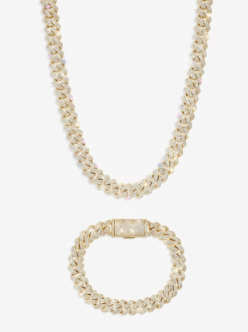 10MM Moissanite Cuban Link Chain/Bracelet Bundle 14K Gold
