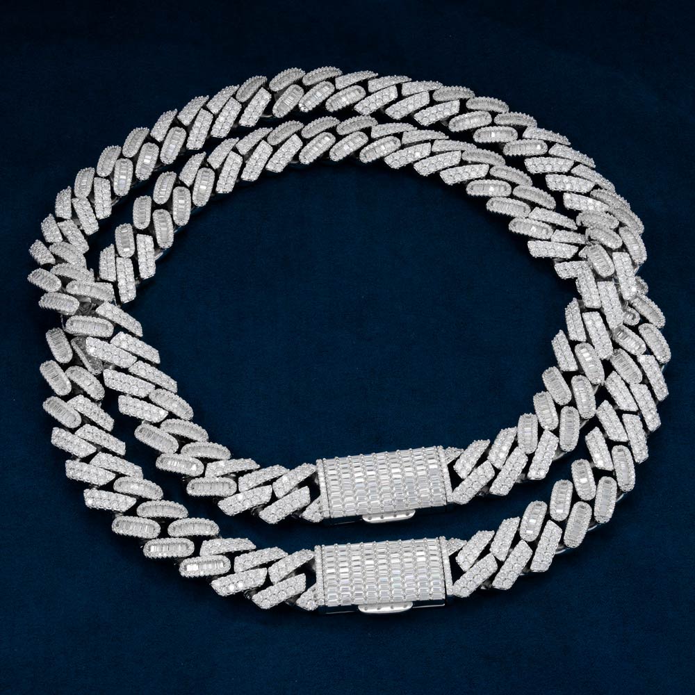 925 silver mens mixed cut moissanite cuban link chain necklace 14k white gold two