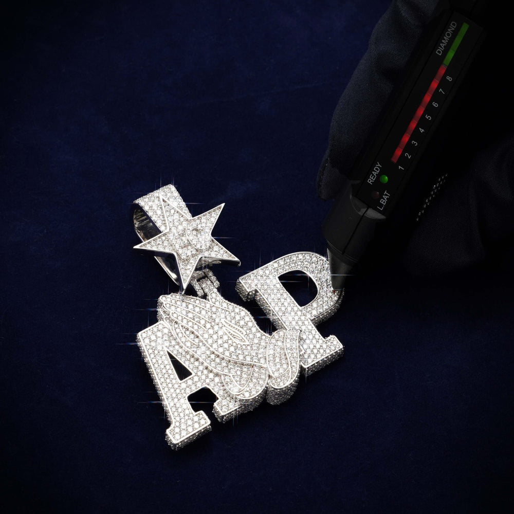 AP Praying Hands Custom Moissanite Logo Pendant 14K Gold icecartel test