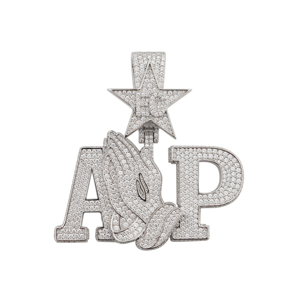 AP Praying Hands Custom Moissanite Logo Pendant 14K Gold icecartel white