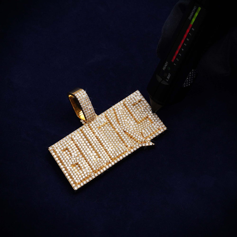 BUCKS Custom Moissanite Name Pendant 14K Gold icecartel test