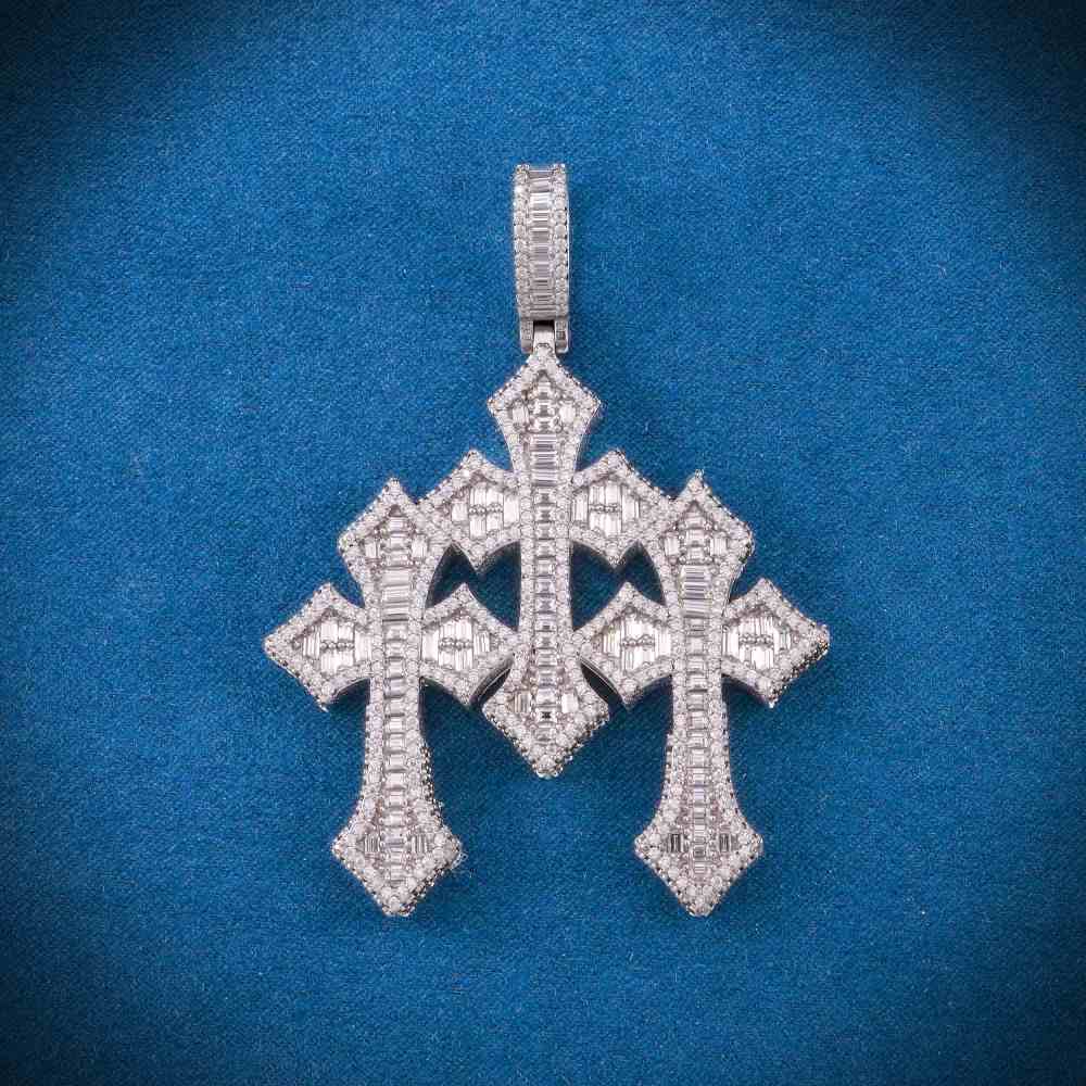 Baguette Moissanite Triple Ornamental Cross Pendant 14K Gold