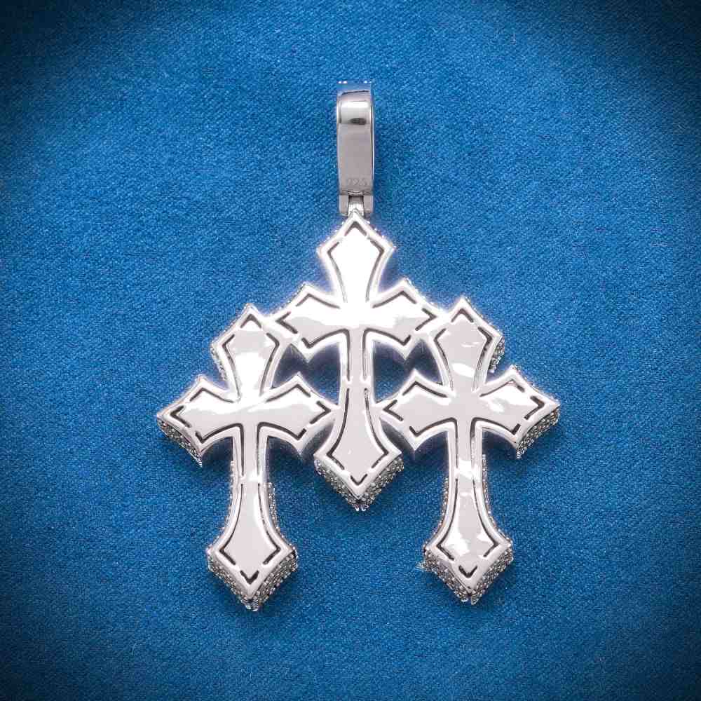 Baguette Moissanite Triple Ornamental Cross Pendant 14K Gold