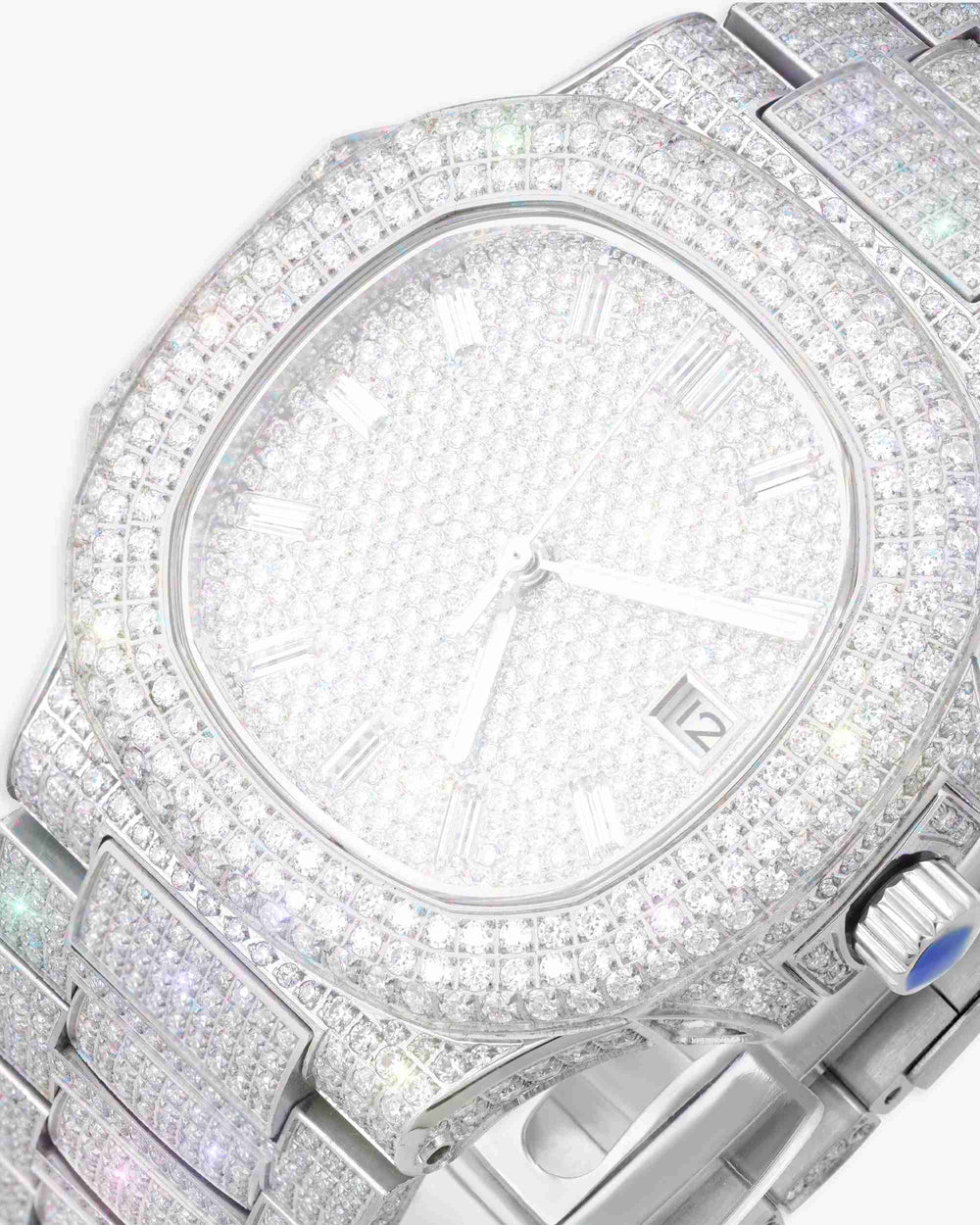 Circle Face Moissanite Watch 14K White Gold px close