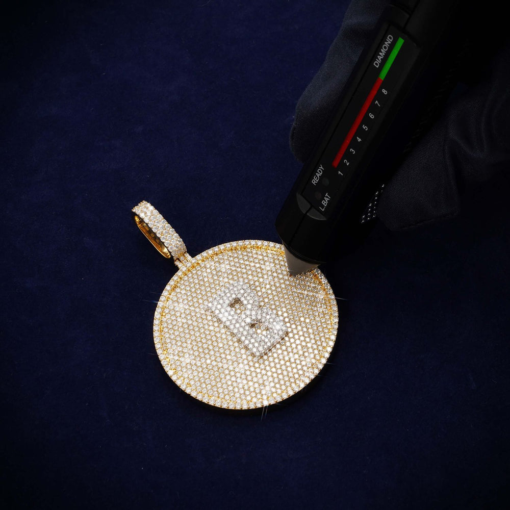 Custom B Moissanite Circle Pendant 14K Gold icecartel test