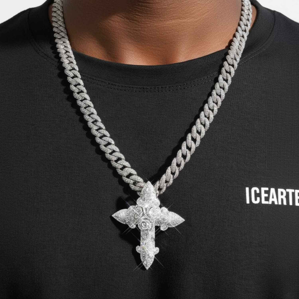 Custom Moissanite Blessed Cross Pendant 14K Gold icecartel model1