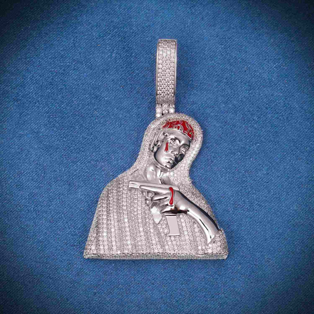 Custom Moissanite Logo Bloody Pistol Jesus Pendant 14k Gold 1