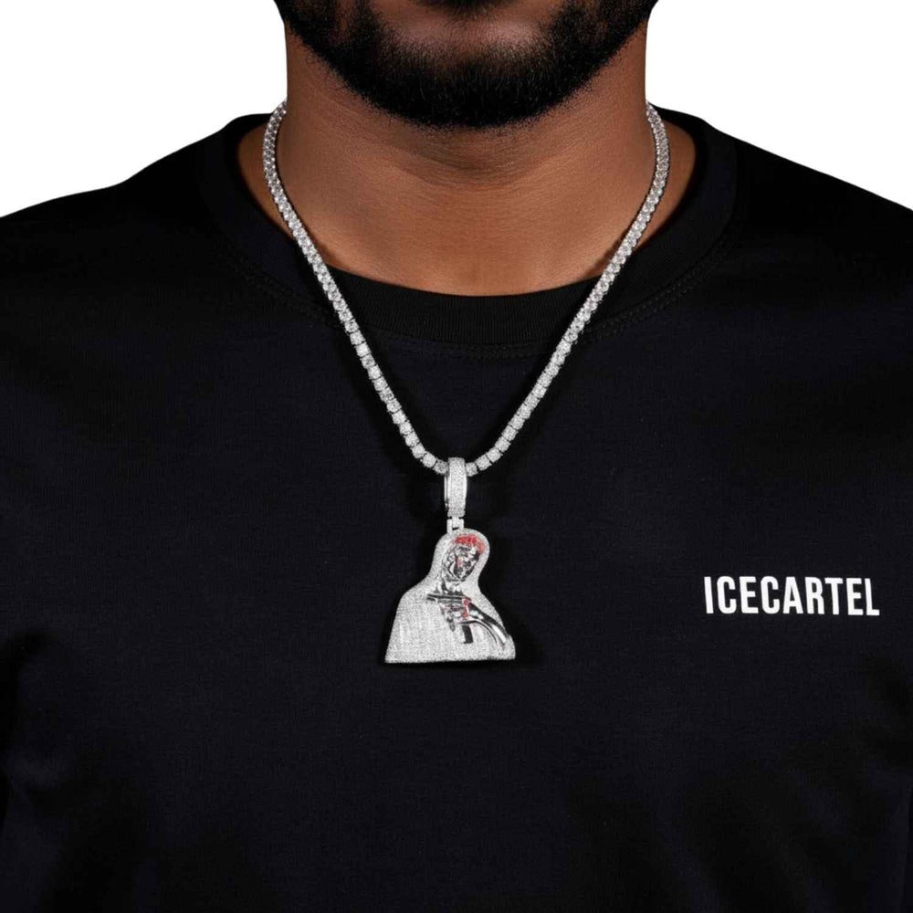 Custom Moissanite Logo Bloody Pistol Jesus Pendant 14k Gold model1