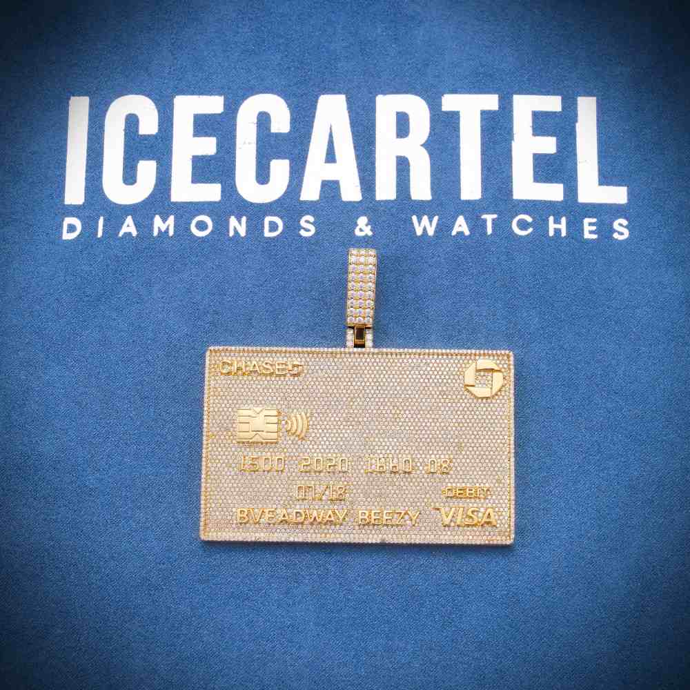 Custom Moissanite Credit Card Pendant 14K Yellow Gold 1