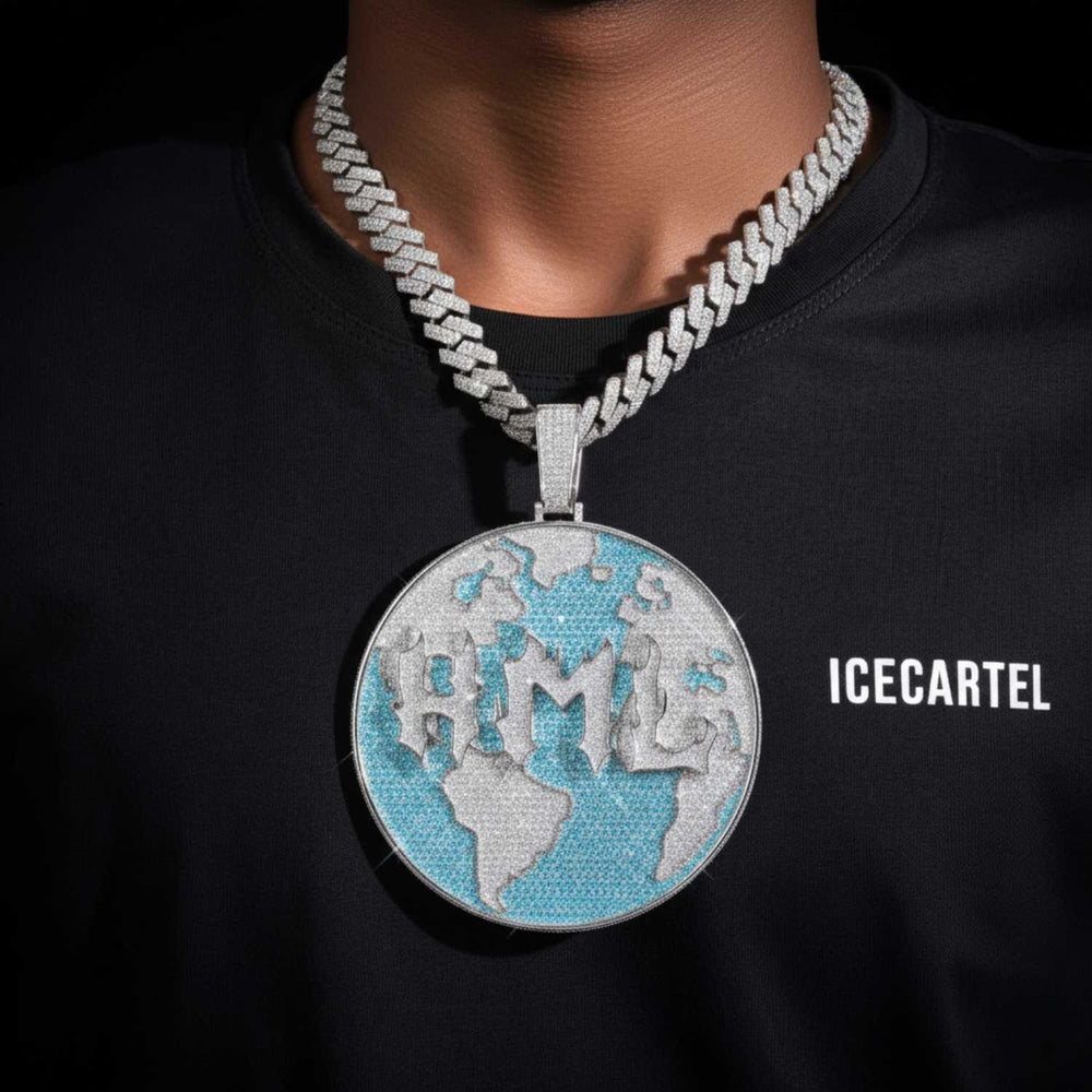 Custom WORLD Moissanite Circle Pendant 14K Gold ICECARTEL model1