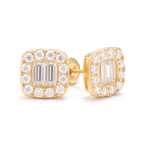 Double Baguette Halo Moissanite Earrings 14K Gold 1