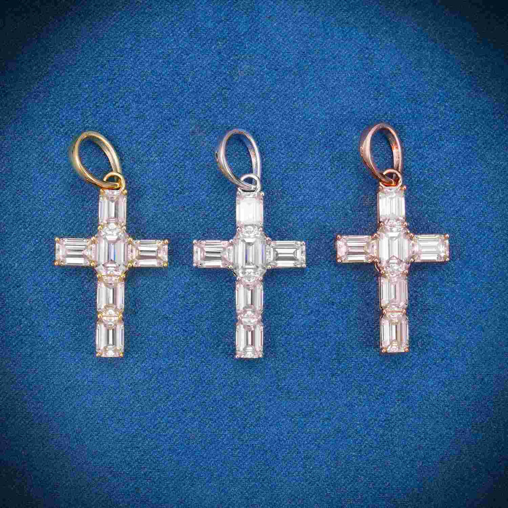 Emerald Cut Moissanite Micro Cross Pendant 14K Gold 1