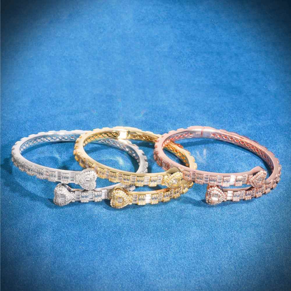 Heart Baguette Moissanite Bangle Bracelet 14K Gold 4