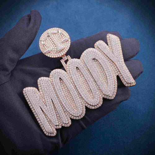 "MOODY" Custom Moissanite Name Pendant 14k Gold hand