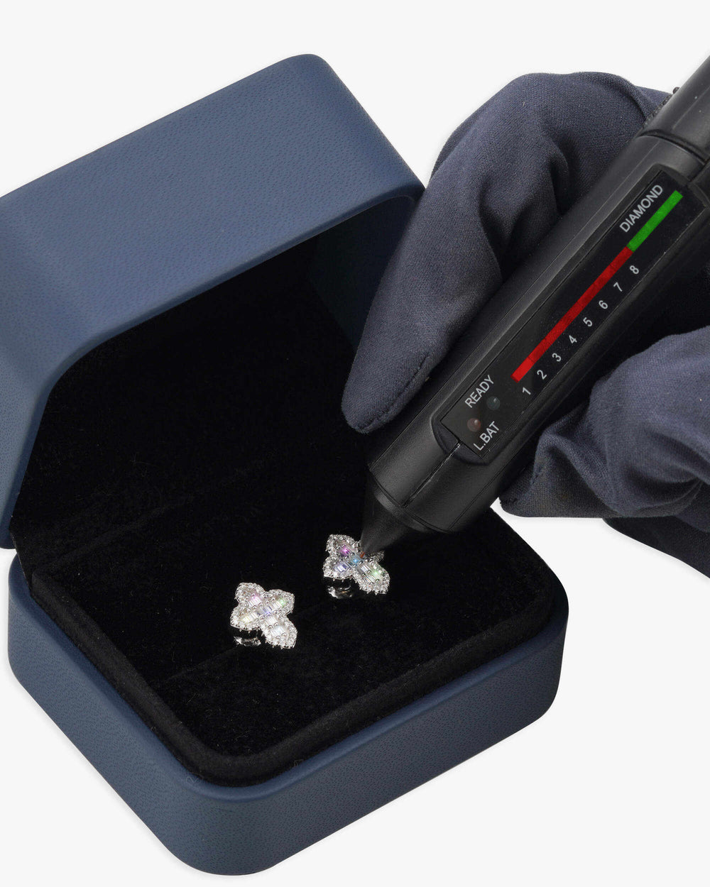 moissanite baguette cross stud earrings 14k gold icecartel box