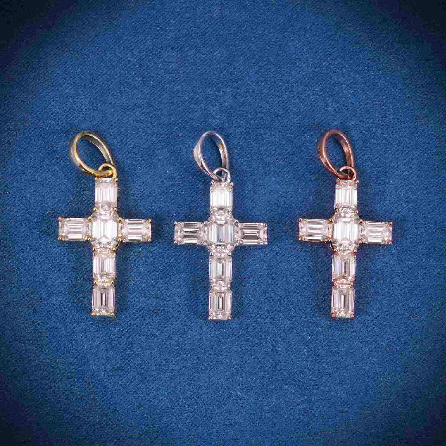 Moissanite Emerald Cut Mini Cross Pendant 14K Gold 1