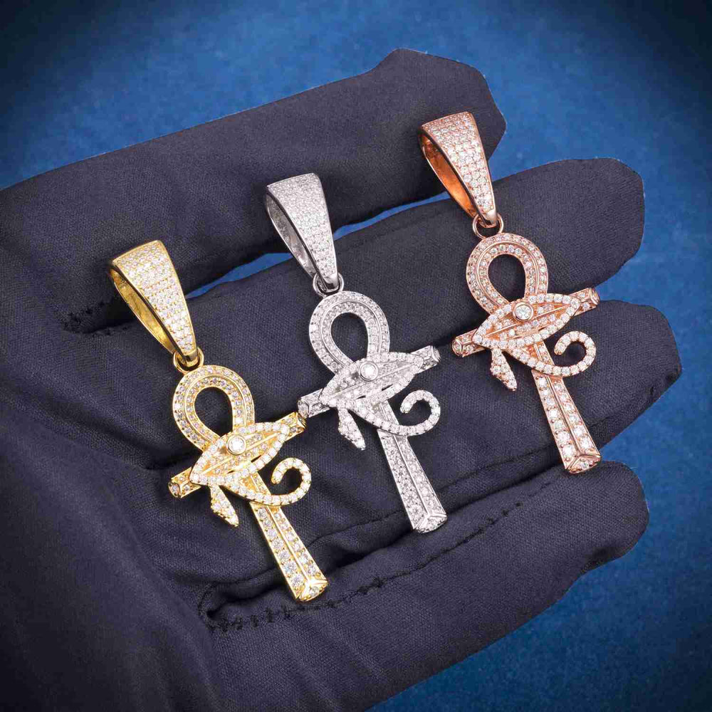 Moissanite Horus Eye Ankh Cross Pendant 14K Gold hand