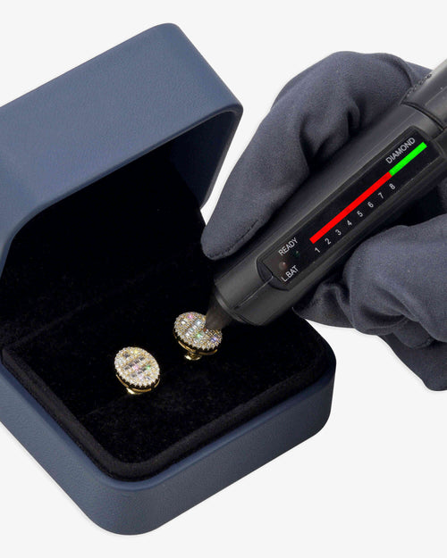 moissanite oval baguette halo stud earrings 14k gold icecartel yellow box