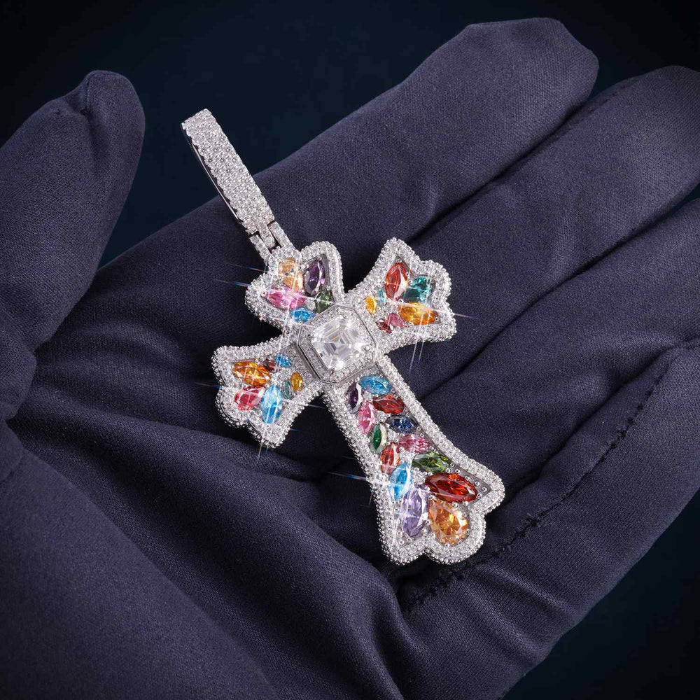 Moissanite Rainbow Halo Cross Pendant 14K Gold hand icecartel