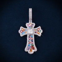 Moissanite Rainbow Halo Cross Pendant 14K Gold main icecartel