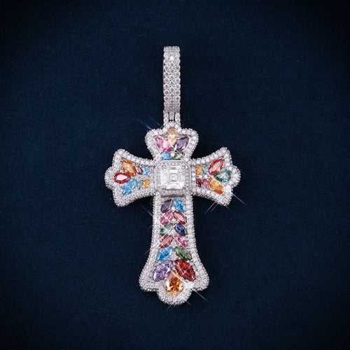 Moissanite Rainbow Halo Cross Pendant 14K Gold main icecartel