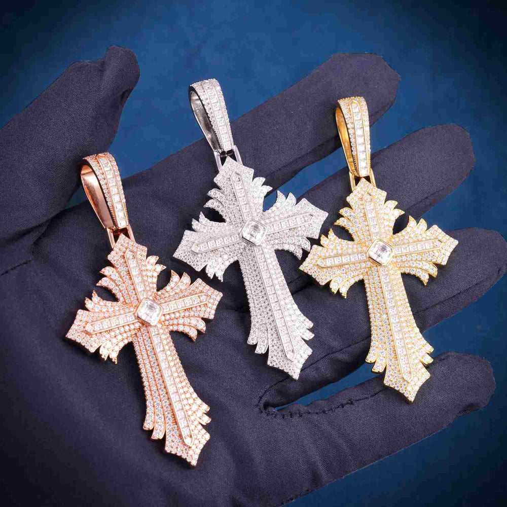 Moissanite Spiked Ornamental Cross Pendant 14K Gold hand