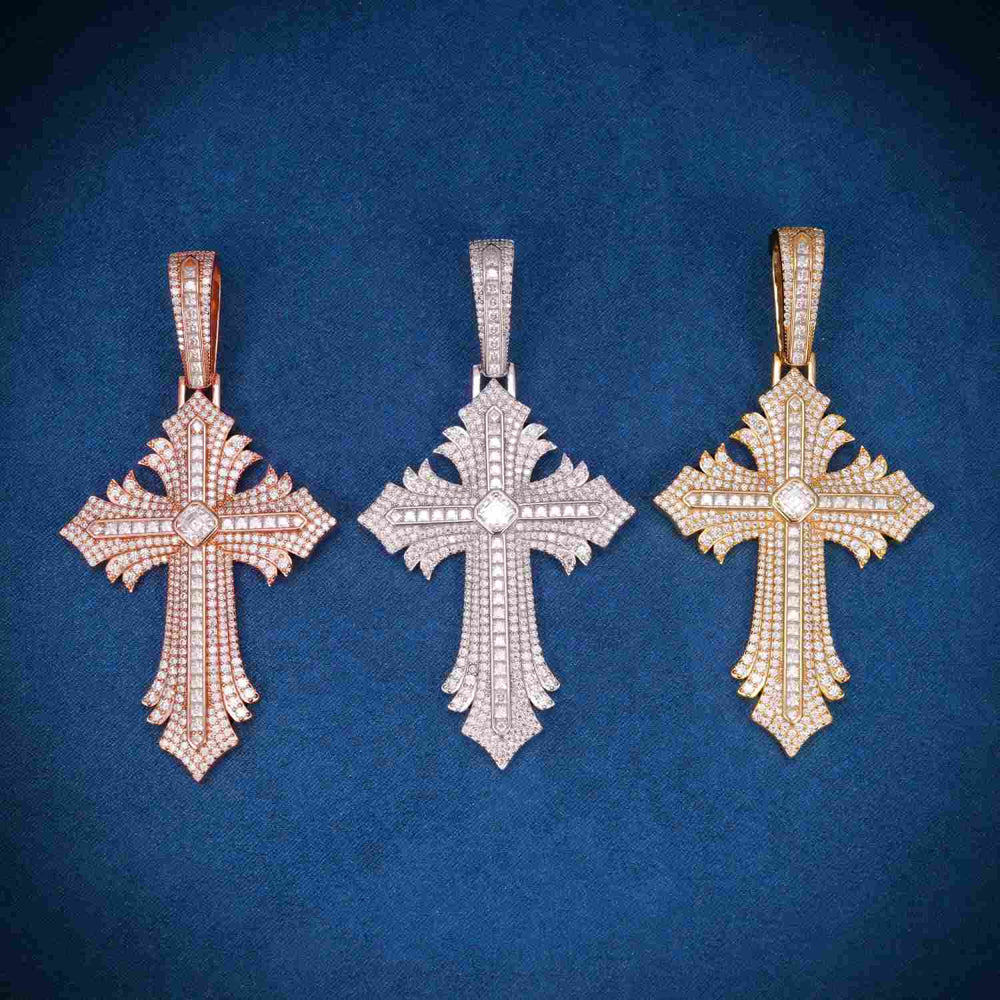 Moissanite Spiked Ornamental Cross Pendant 14K Gold 1