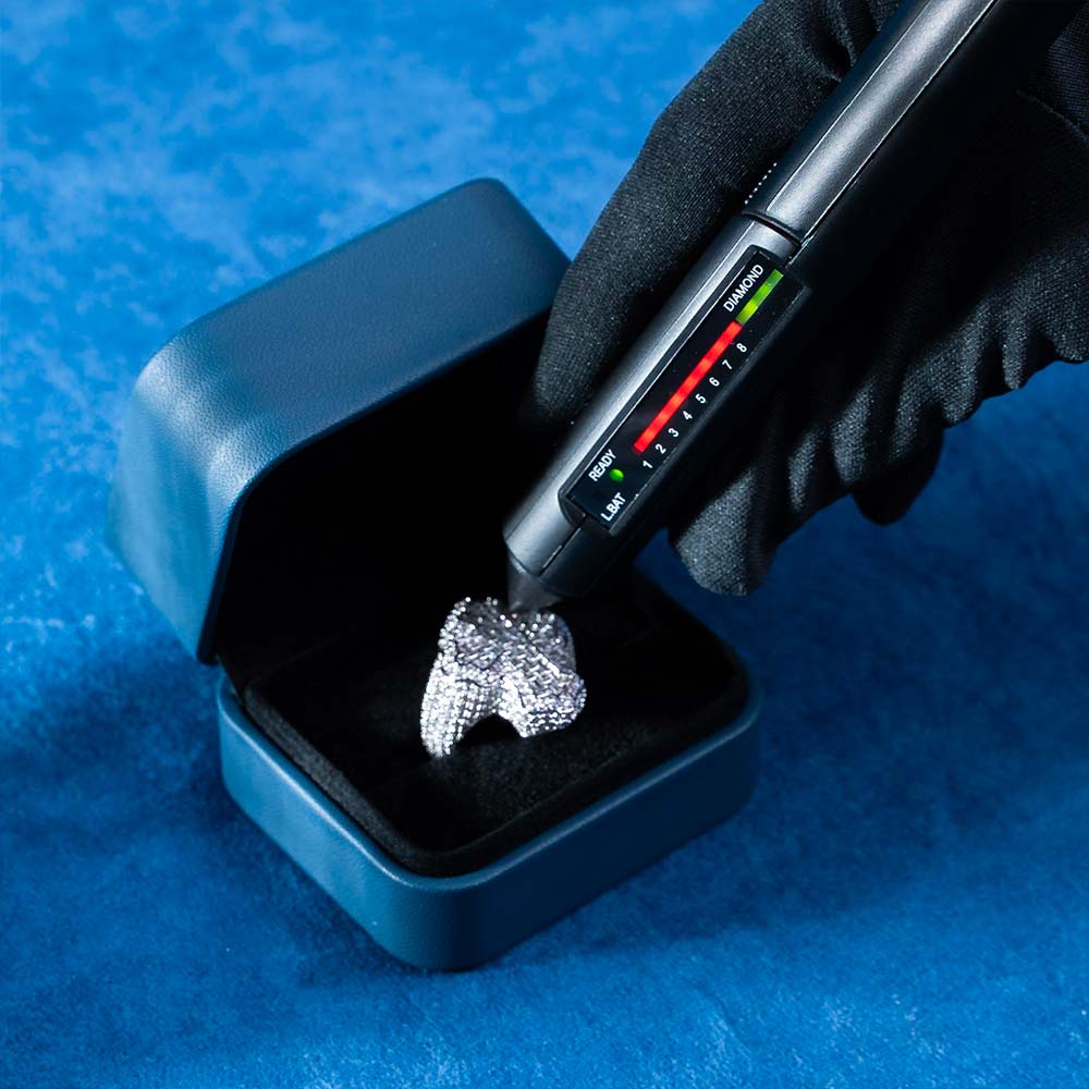 Moissanite fleur cross ring 14k gold diamond tester