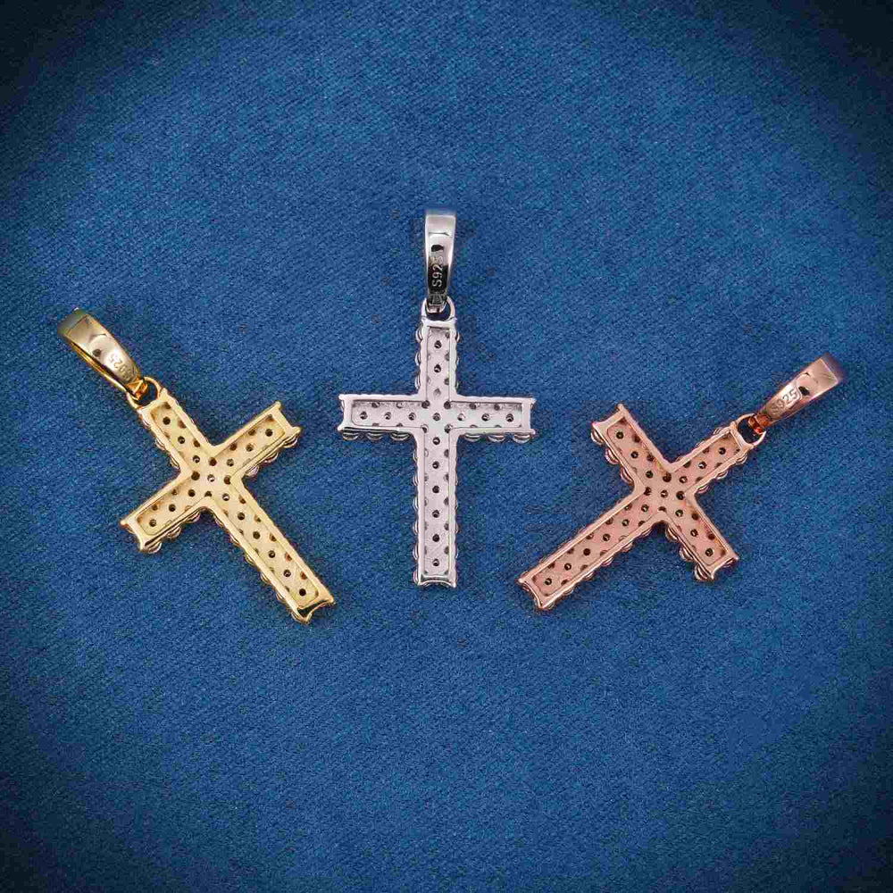 2 Row Moissanite Prong Cross Pendant 14K Gold back