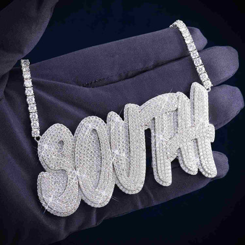"SOUTH" Custom Moissanite Pendant 14K Gold hand