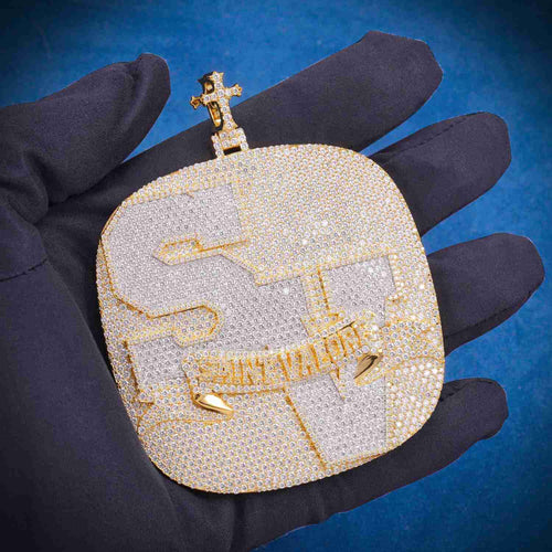 "SV" Custom Moissanite Pendant 14K Gold hand