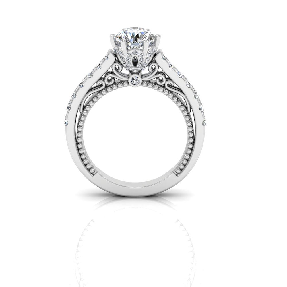 Antique Style Cathedral Hidden Halo Moissanite Engagement Ring