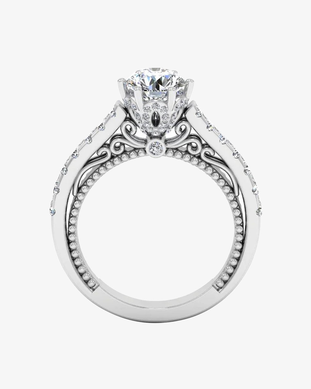 Antique Style Cathedral Hidden Halo Moissanite Engagement Ring