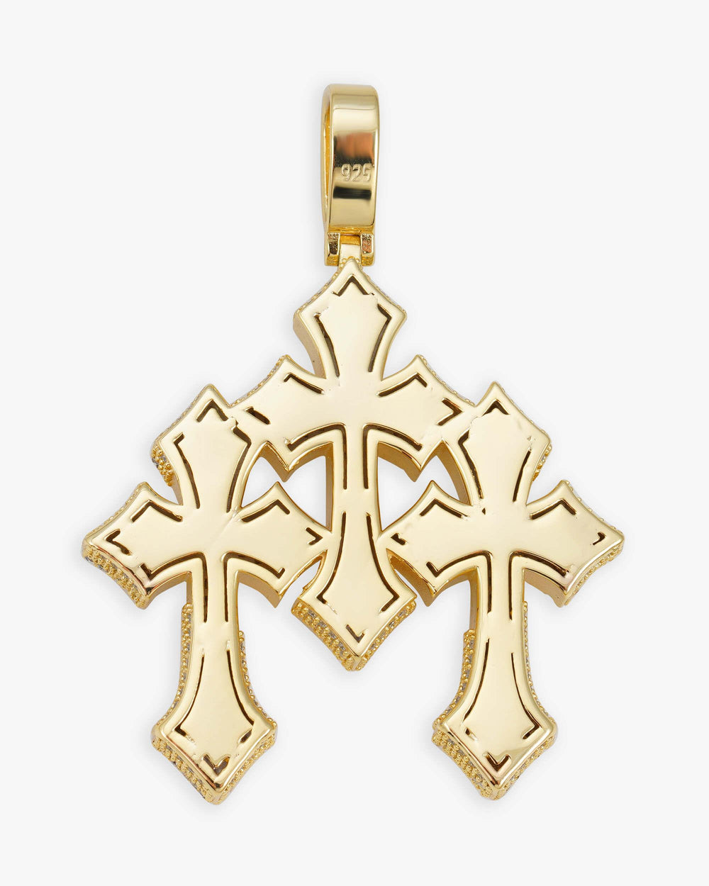 baguette moissanite triple ornamental cross pendant 14k gold icecartel back