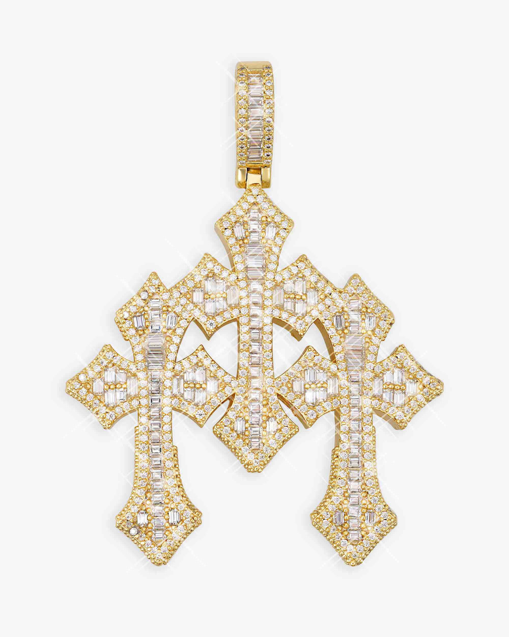 baguette moissanite triple ornamental cross pendant 14k gold icecartel main
