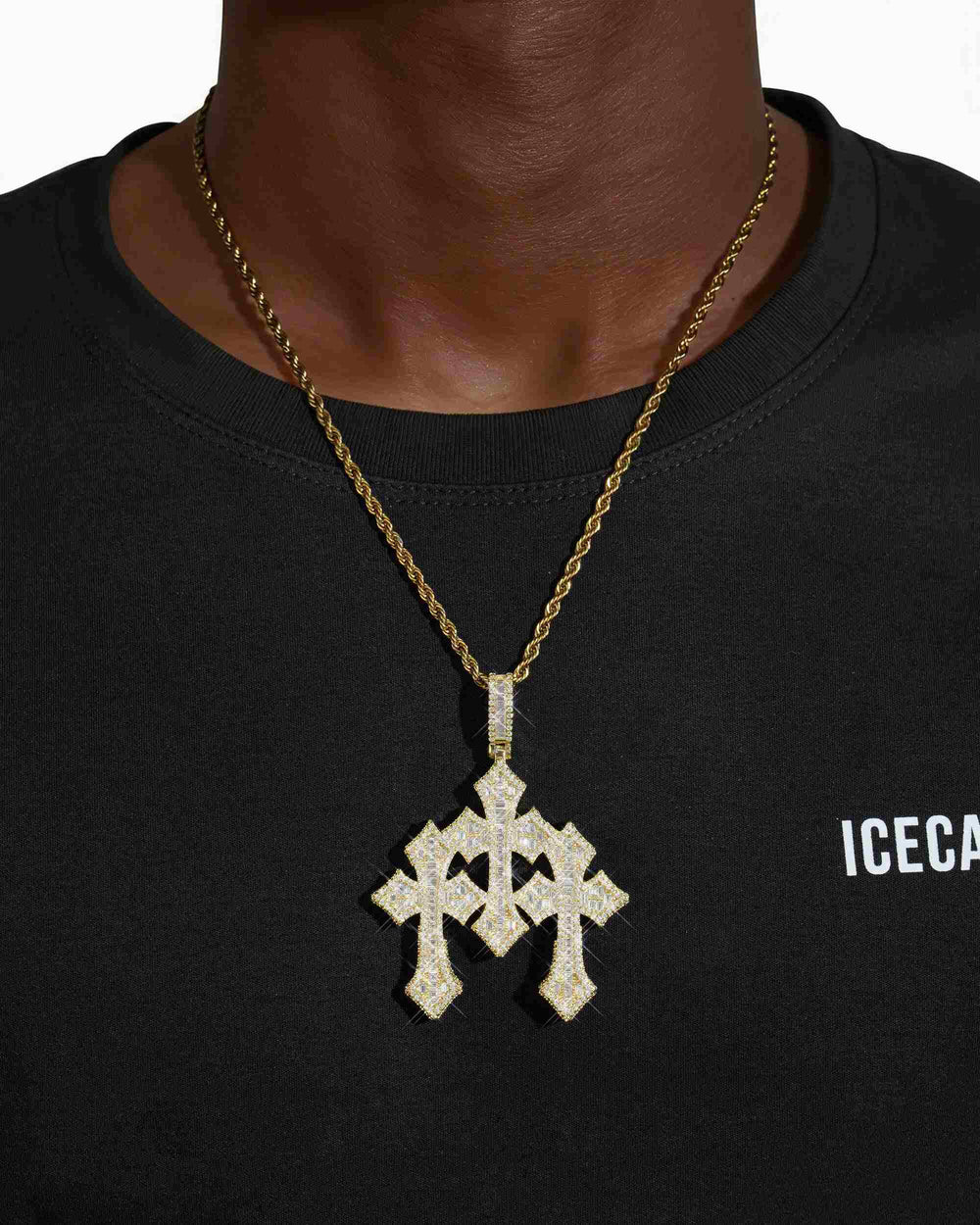 baguette moissanite triple ornamental cross pendant 14k gold icecartel model