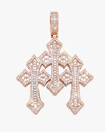 Baguette Moissanite Triple Ornamental Cross Pendant 14K Gold - Rose Gold