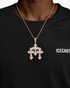 Baguette Moissanite Triple Ornamental Cross Pendant 14K Gold - Rose Gold