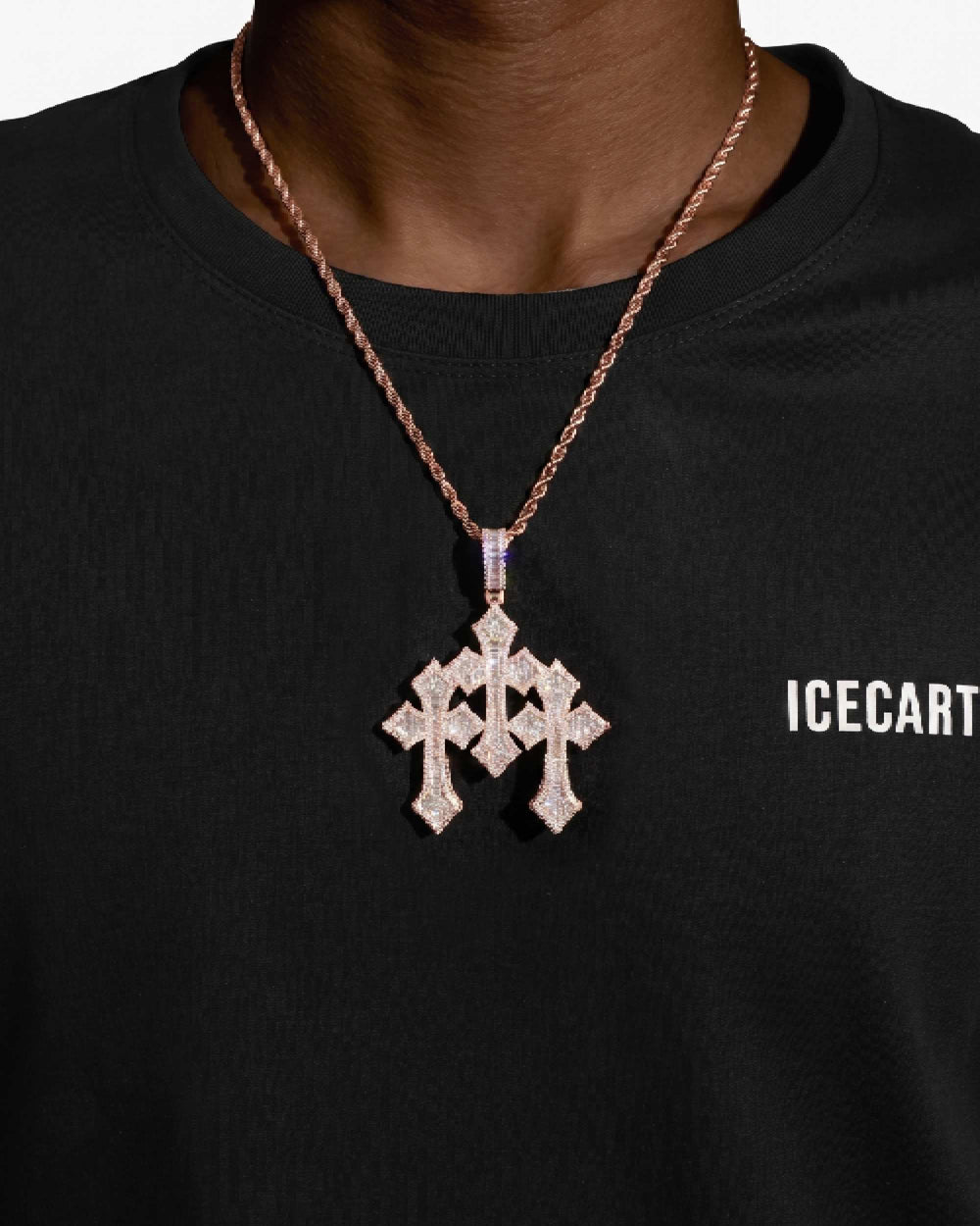 Baguette Moissanite Triple Ornamental Cross Pendant 14K Gold - Rose Gold