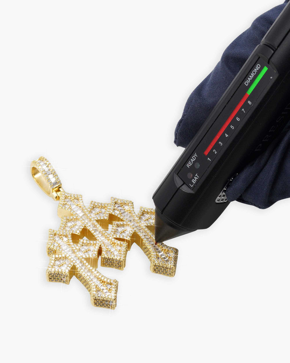 baguette moissanite triple ornamental cross pendant 14k gold icecartel test