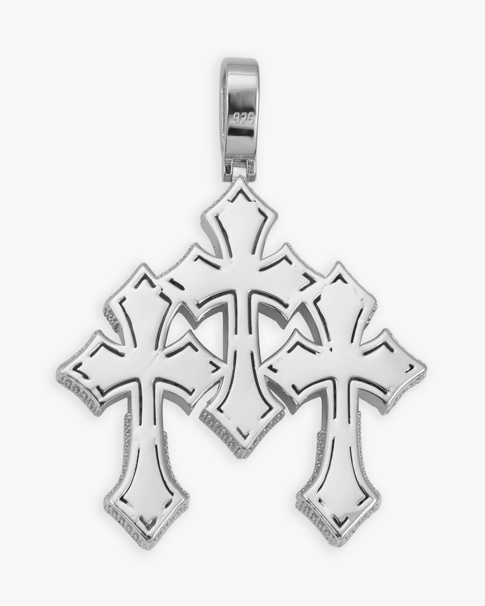 baguette moissanite triple ornamental cross pendant 14k gold icecartel white back