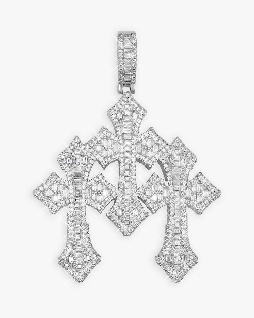 Baguette Moissanite Triple Ornamental Cross Pendant 14K Gold - White Gold
