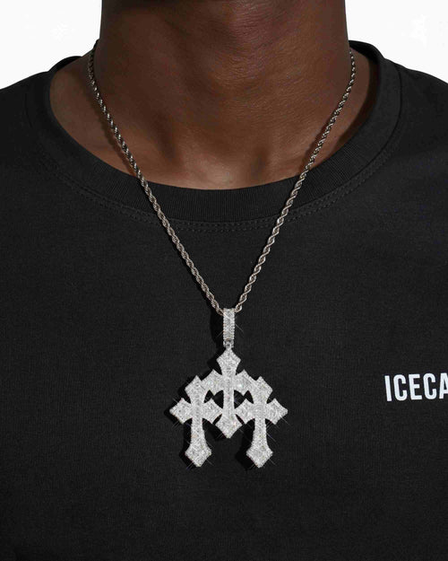 baguette moissanite triple ornamental cross pendant 14k gold icecartel white model