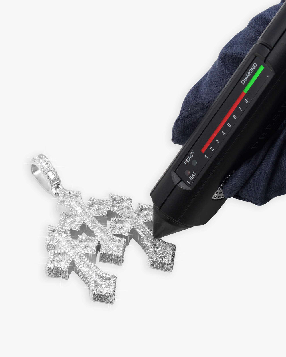 baguette moissanite triple ornamental cross pendant 14k gold icecartel white test