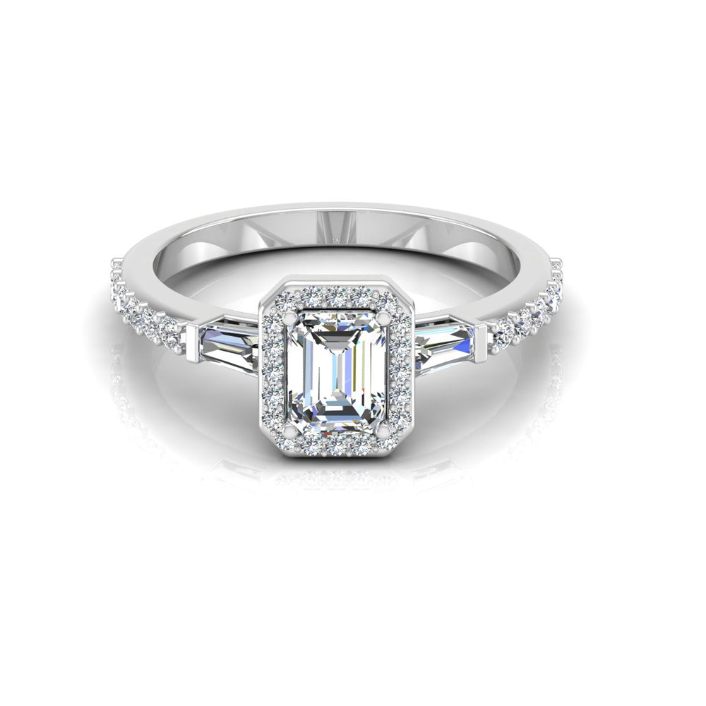 Baguette & Round Cut Halo Moissanite Engagement Ring front