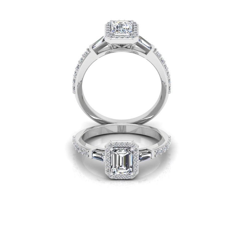 Baguette & Round Cut Halo Moissanite Engagement Ring set